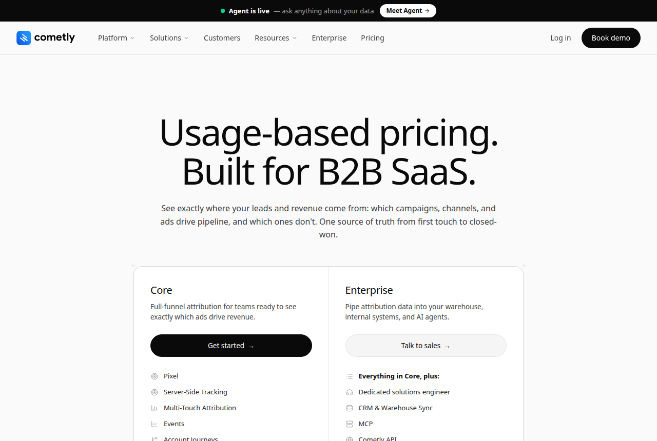 Cometly pricing page headed Usage-based pricing, Built for B2B SaaS, with Core and Enterprise columns, a Get started button, and a black bar at the top offering to meet an agent.