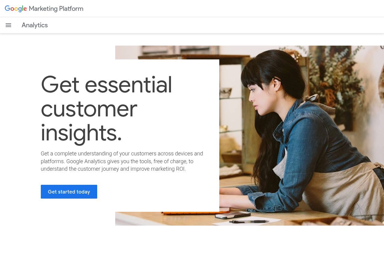 Google Marketing Platform Analytics page. The headline reads Get essential customer insights, beside a photo of a person in a denim shirt and apron at a shop counter, and a blue Get started today button.