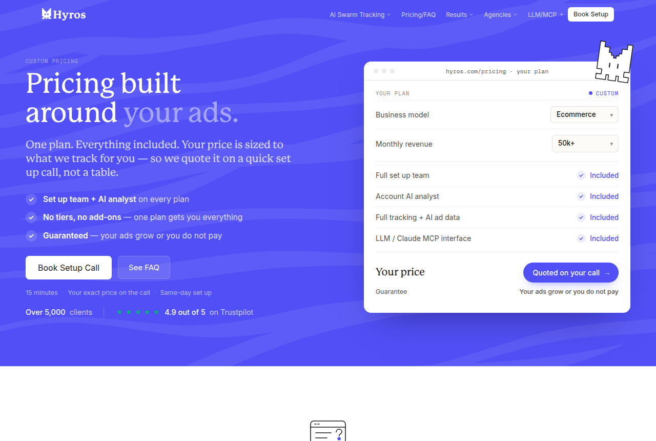 Hyros pricing page headed Pricing built around your ads, with a custom plan panel for business model and monthly revenue, and a button labeled Quoted on your call.
