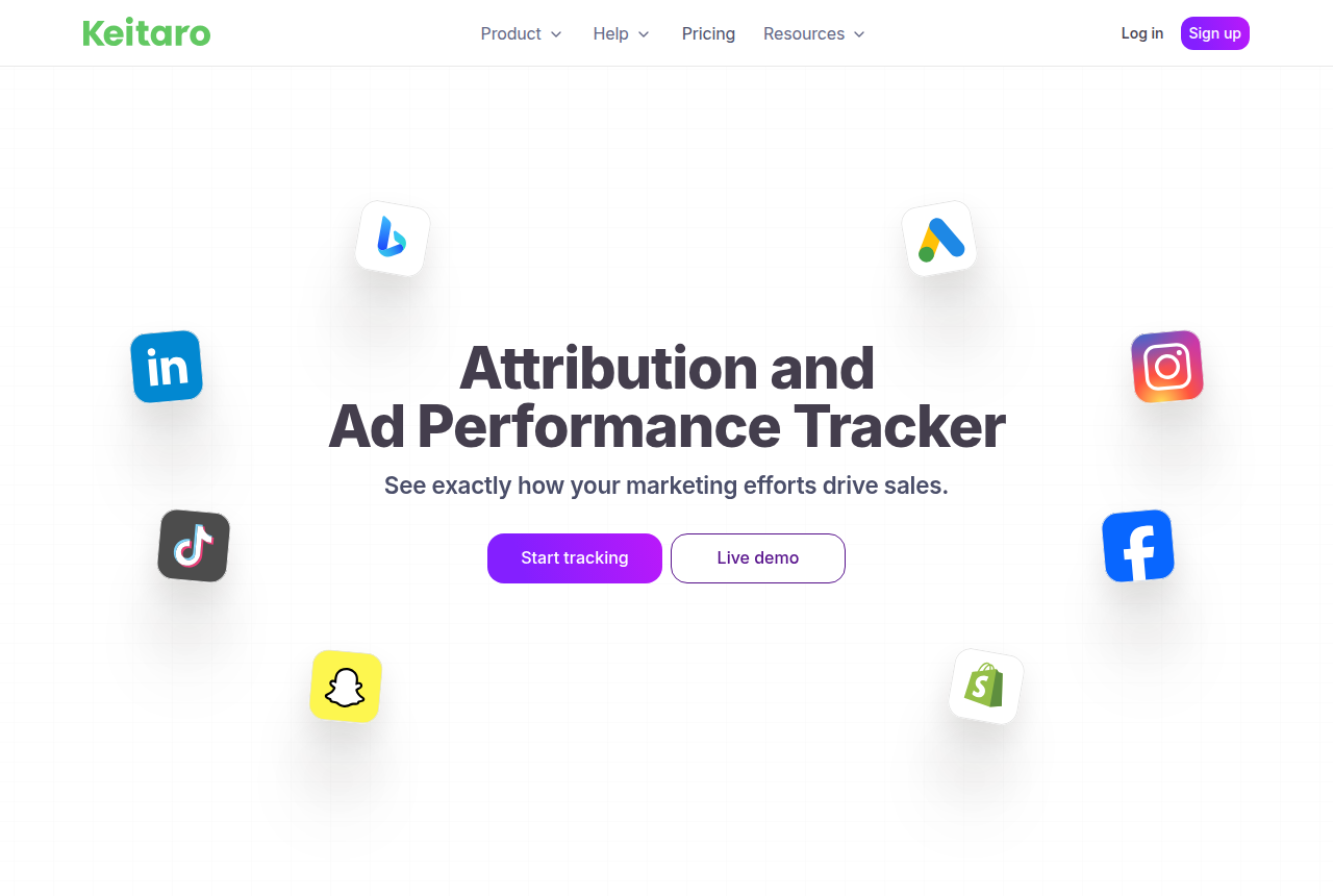 Keitaro homepage with the green Keitaro wordmark, the headline Attribution and Ad Performance Tracker, a purple Start tracking button, a Live demo button, and floating tiles for LinkedIn, TikTok, Snapchat, Google, Instagram, Facebook, and Shopify.